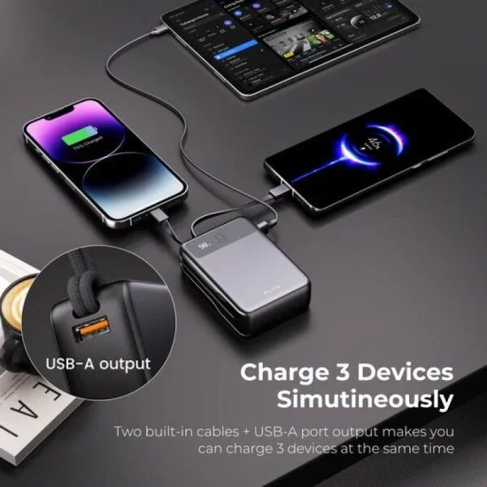 Zlos 20000mAh Db20 Power Bank 35W With Built-In Cables - Black